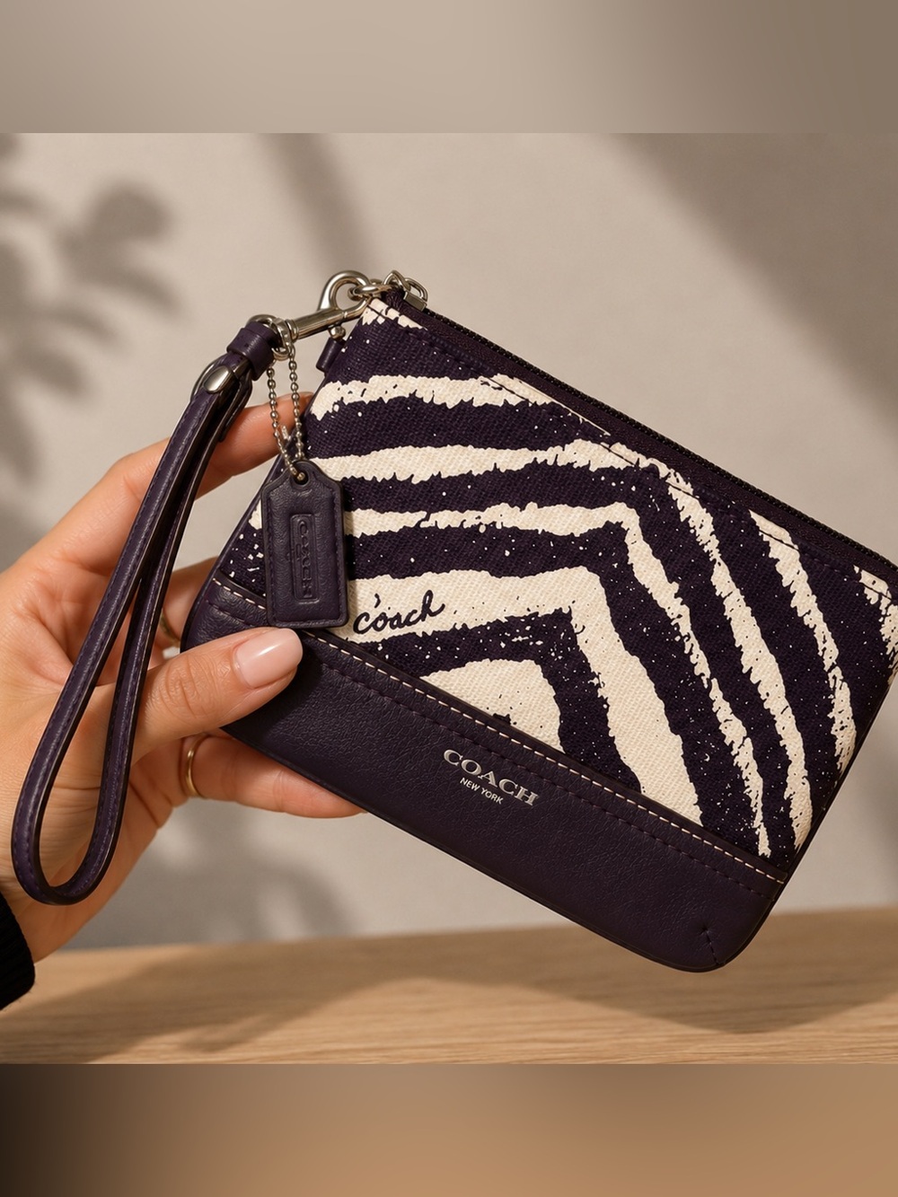 Coach, purple and cream, zebra print wristlet